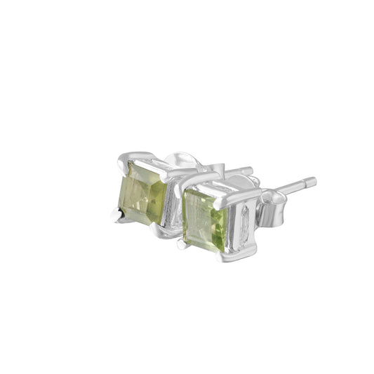Genuine Peridot Gemstone Solid 925 Sterling Silver Stud Earrings, Lime/Olive Green Prong Set Square Minimalist, August Leo Gift, Australia, Zorbajewellers