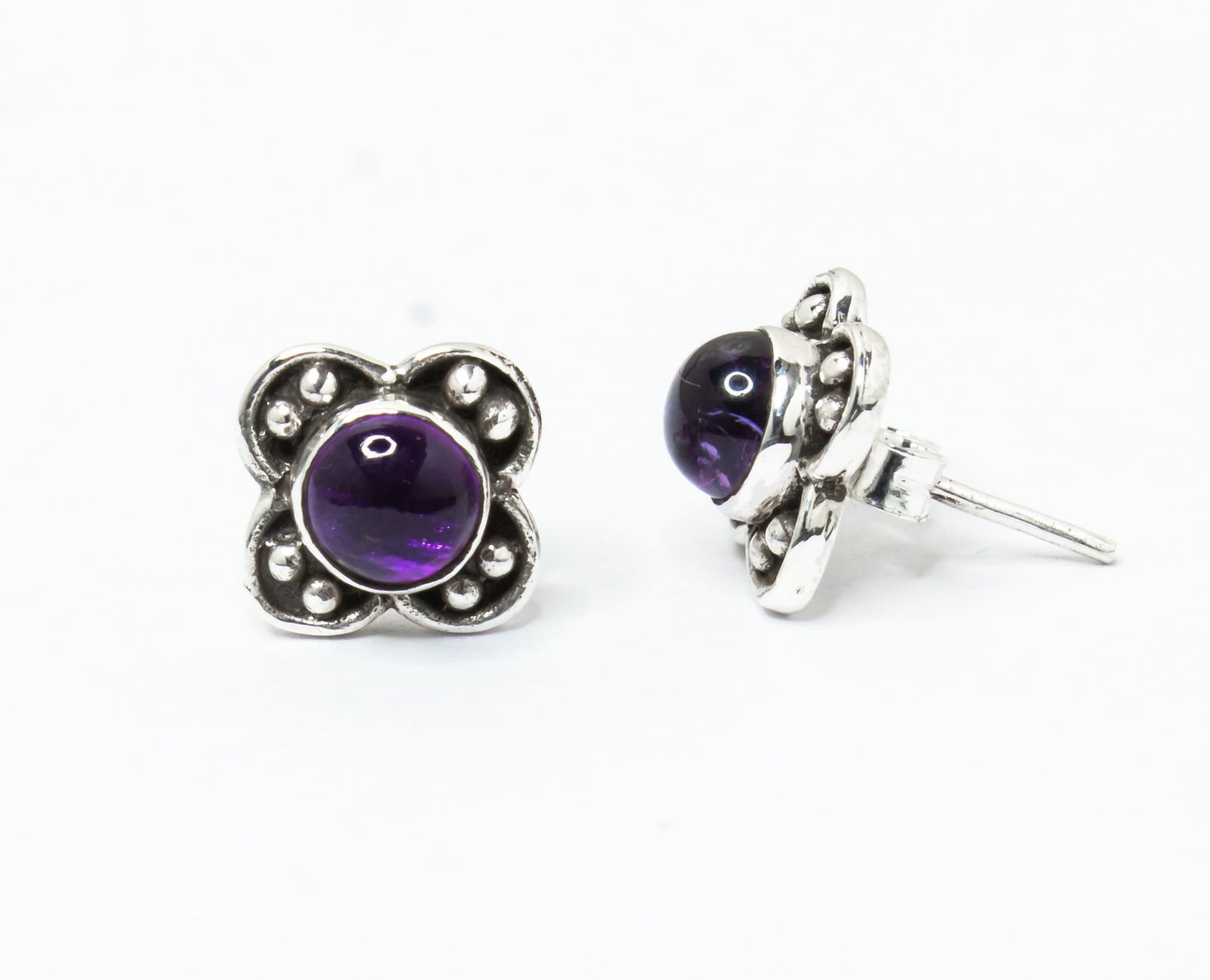 Round AMETHYST Gems Silver Beads Floral Stud Earrings, Bohemian Purple Stud Earrings, Aquarius Zodiac February Birthstone, Australia, Zorbajewellers