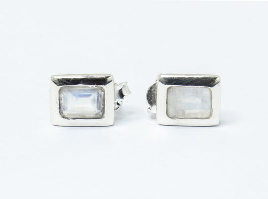 Genuine MOONSTONE Rectangle Gems Solid 925 SILVER Minimalist Stud Earrings, Simple White Studs, June Birthstone & Cancer Zodiac, Australia, Zorbajewellers