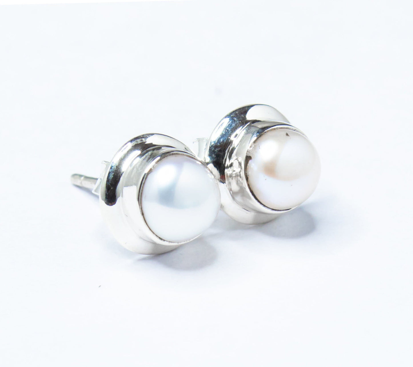 Round Shape White PEARL Solid 925 Sterling Silver Stud Earrings, Minimalist Pearl Silver Studs, Pearl Studs, Pearl Earrings, Australia, Zorbajewellers