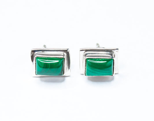 Green Malachite Stud Earrings, Minimalist Green Silver Earrings, 925 Silver, Rectangle Shaped Stud Earrings, Textured Green, Australia, Zorbajewellers