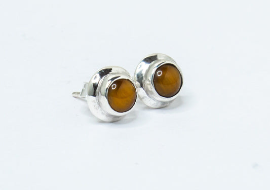 Tiger's Eye Gems 925 Sterling Silver Minimalist Round Stud Earrings, Tiger Eye gemstone studs, July Birthstone, Tiger Eye Australia, Zorbajewellers