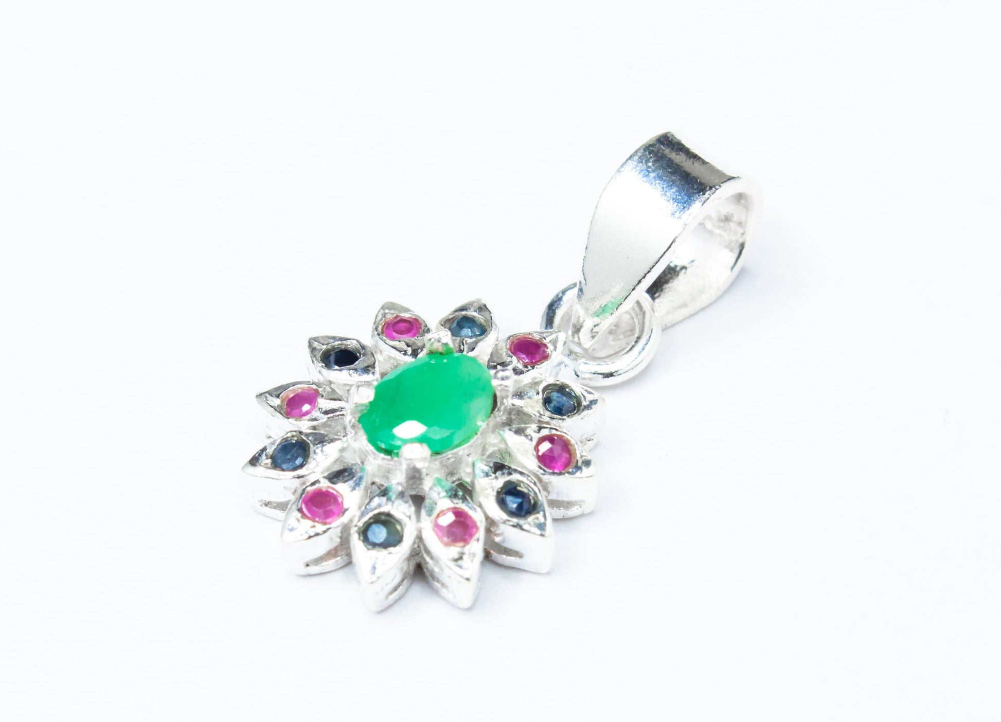 Cut-Stone Flower Shaped Emerald, Ruby & Sapphire Solid 925 Silver Pendant, Gemini Zodiac May Birthstone, Australia, Zorbajewellers