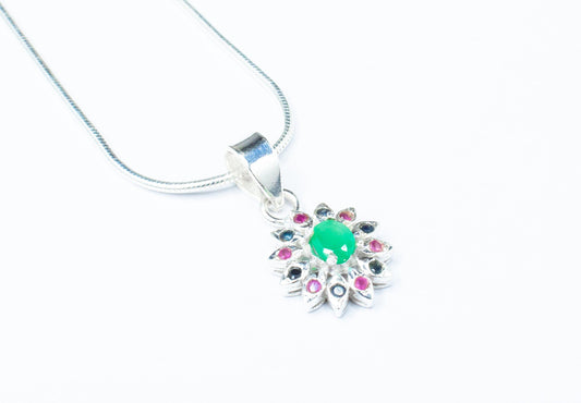 Cut-Stone Flower Shaped Emerald, Ruby & Sapphire Solid 925 Silver Pendant, Gemini Zodiac May Birthstone, Australia, Zorbajewellers