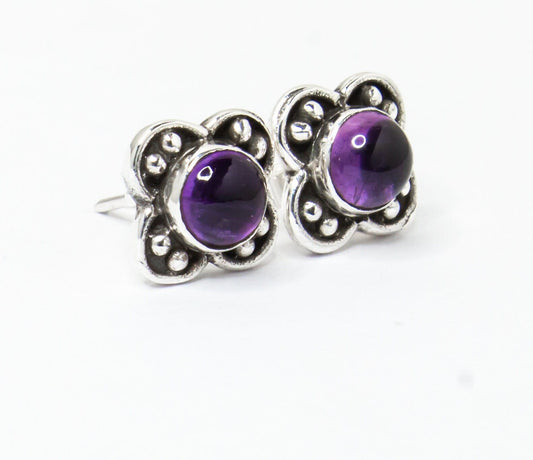 Round AMETHYST Gems Silver Beads Floral Stud Earrings, Bohemian Purple Stud Earrings, Aquarius Zodiac February Birthstone, Australia, Zorbajewellers