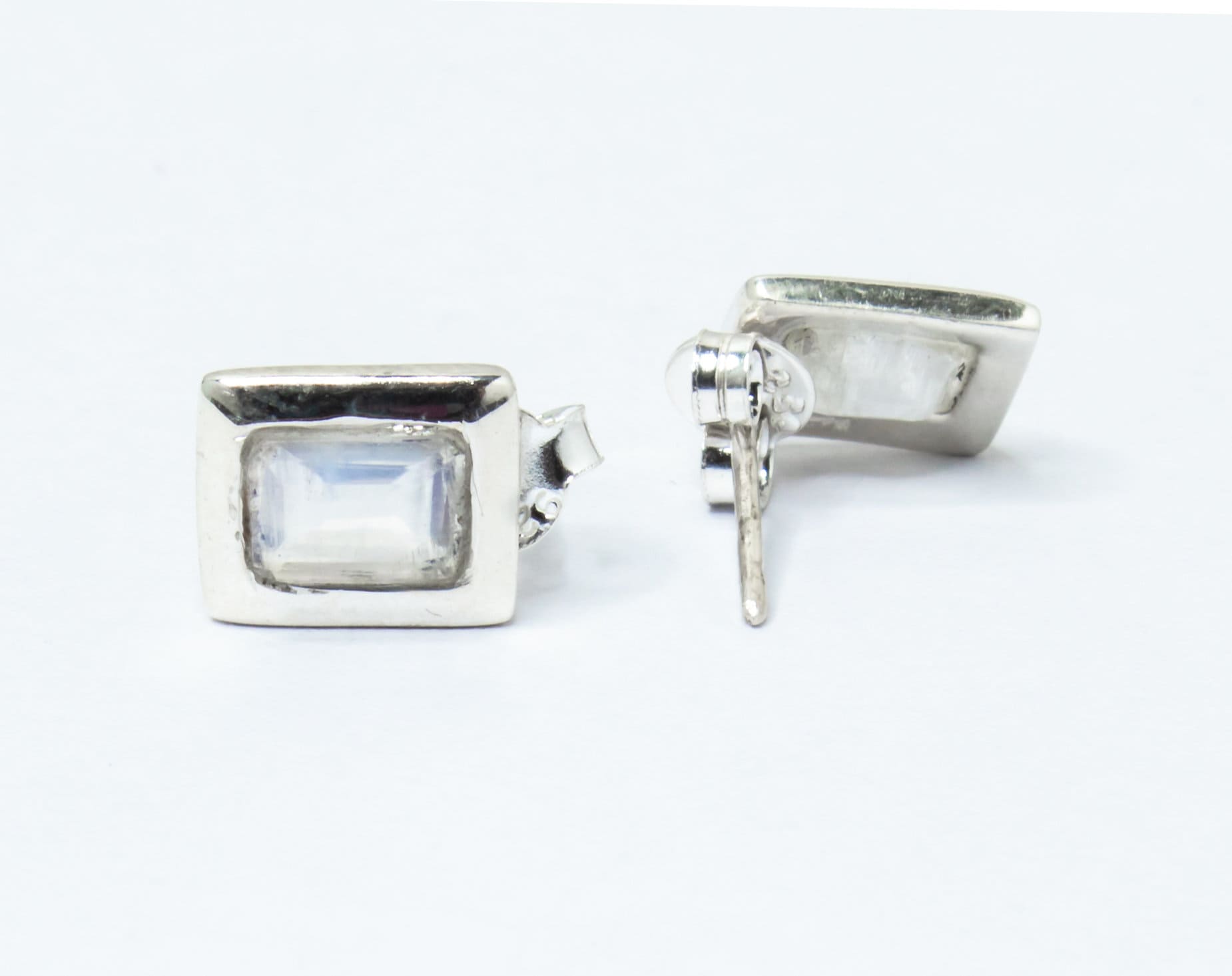 Genuine MOONSTONE Rectangle Gems Solid 925 SILVER Minimalist Stud Earrings, Simple White Studs, June Birthstone & Cancer Zodiac, Australia, Zorbajewellers