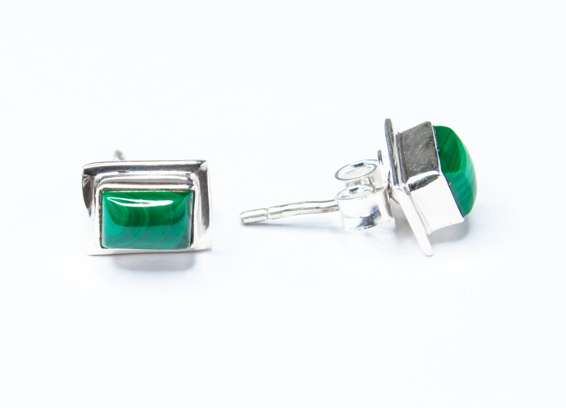 Green Malachite Stud Earrings, Minimalist Green Silver Earrings, 925 Silver, Rectangle Shaped Stud Earrings, Textured Green, Australia, Zorbajewellers