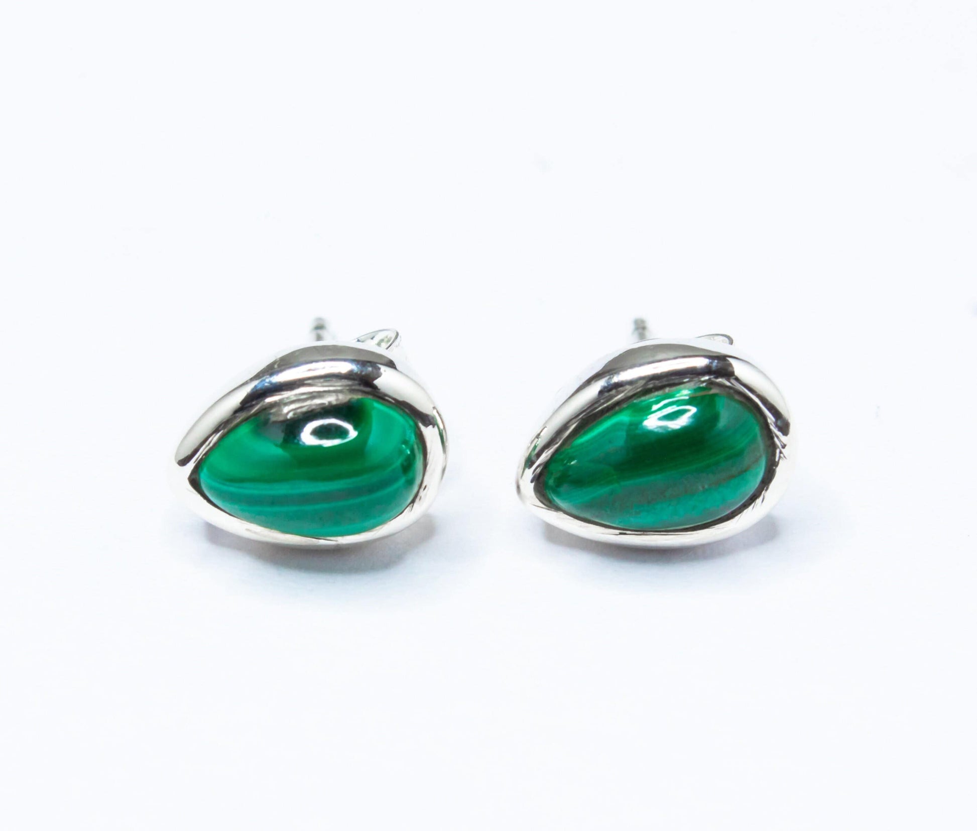 Green Malachite Stud Earrings, Minimalist Green Silver Earrings, 925 Silver, Pear Shaped Stud Earrings, Textured Green, Australia, Zorbajewellers