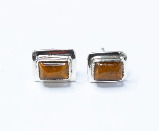 Tiger's Eye Gems 925 Sterling Silver Minimalist Rectangle Stud Earrings, Tiger Eye Gemstone Studs, July Birthstone, Tiger Eye Australia, Zorbajewellers