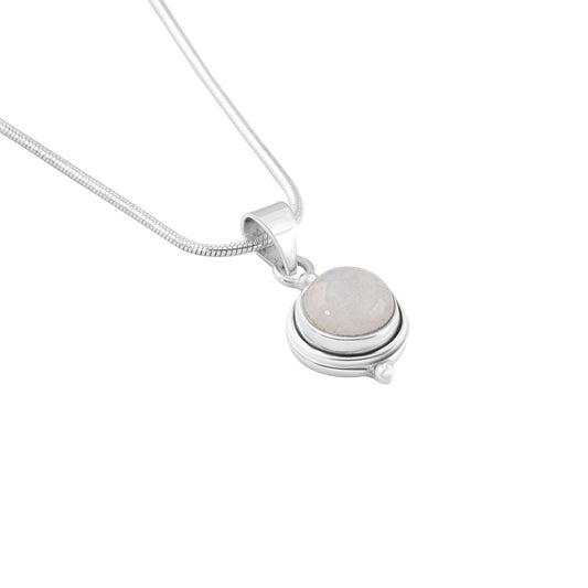White Moonstone Gemstone Round Shaped Solid Sterling Silver Minimalist Necklace Pendant, Cancer Zodiac Birthstone, Australia, Zorbajewellers