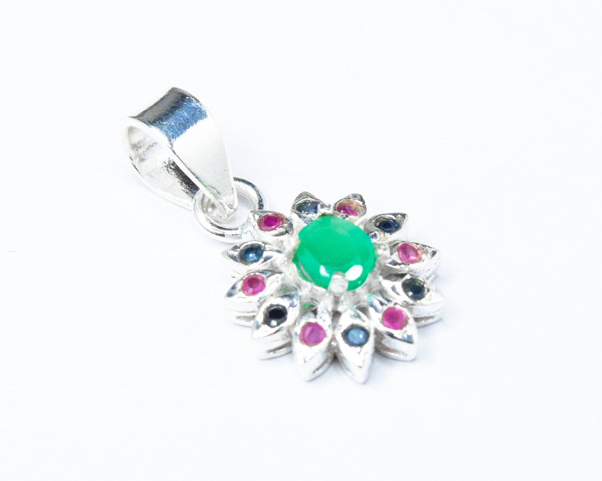 Cut-Stone Flower Shaped Emerald, Ruby & Sapphire Solid 925 Silver Pendant, Gemini Zodiac May Birthstone, Australia, Zorbajewellers