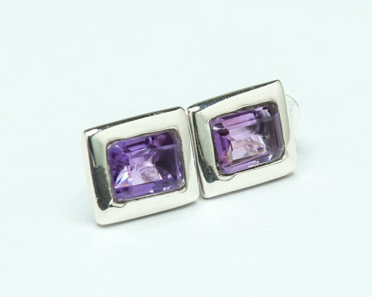 Rectangle AMETHYST 925 Silver Aquarius Zodiac Birthstone Studs