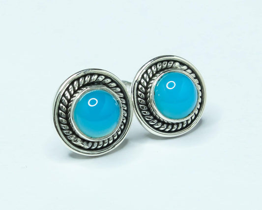 Round CHALCEDONY Gemstone Sterling Silver Blue Bohemian Studs Earrings