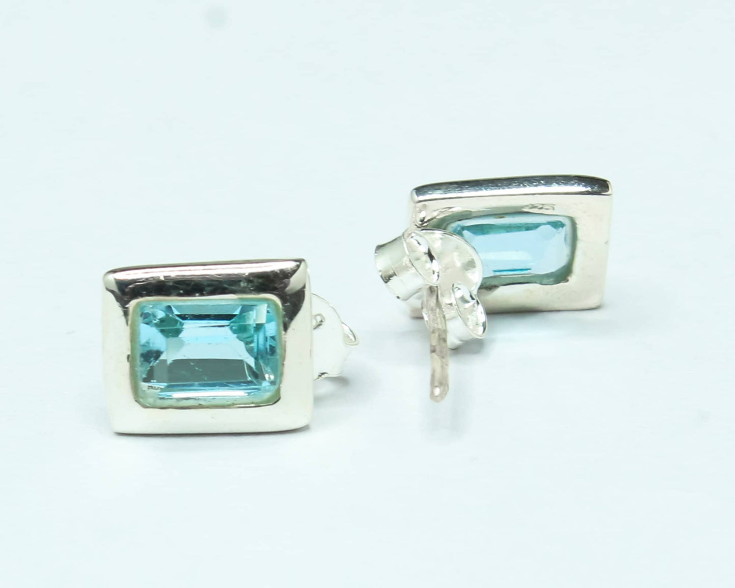 Rectangular Genuine Blue TOPAZ Gemstones 925 Silver Simple Stud Earrings