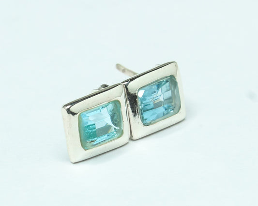 Rectangular Genuine Blue TOPAZ Gemstones 925 Silver Simple Stud Earrings