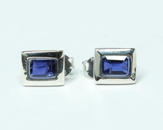 Rectangular Genuine Iolite Gems Solid 925 Sterling SILVER Stud Earrings