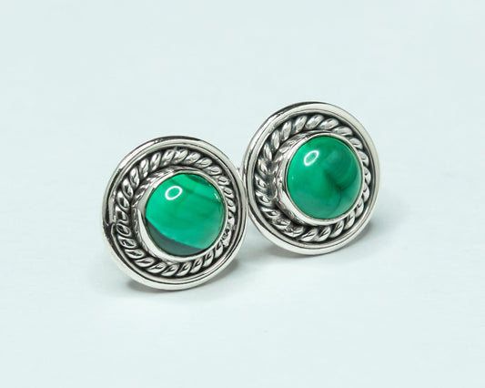 Round Malachite Gemstone Sterling Silver Green Bohemian Studs Earrings