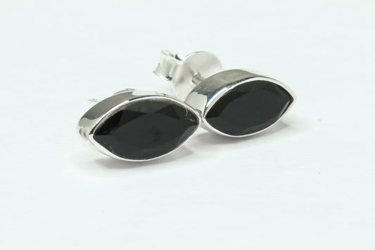 Leaf Genuine Black ONYX Solid 925 Sterling SILVER Simple Stud Earrings