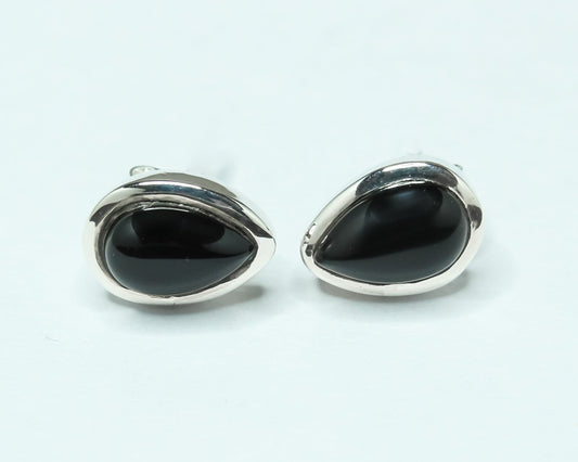 Pear Genuine Black ONYX Solid 925 Sterling SILVER Simple Stud Earrings