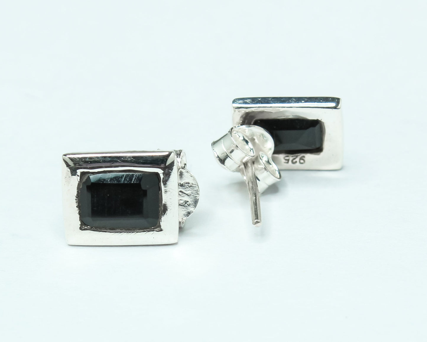 Rectangular Black ONYX Gemstones 925 Sterling SILVER Simple Stud Earrings
