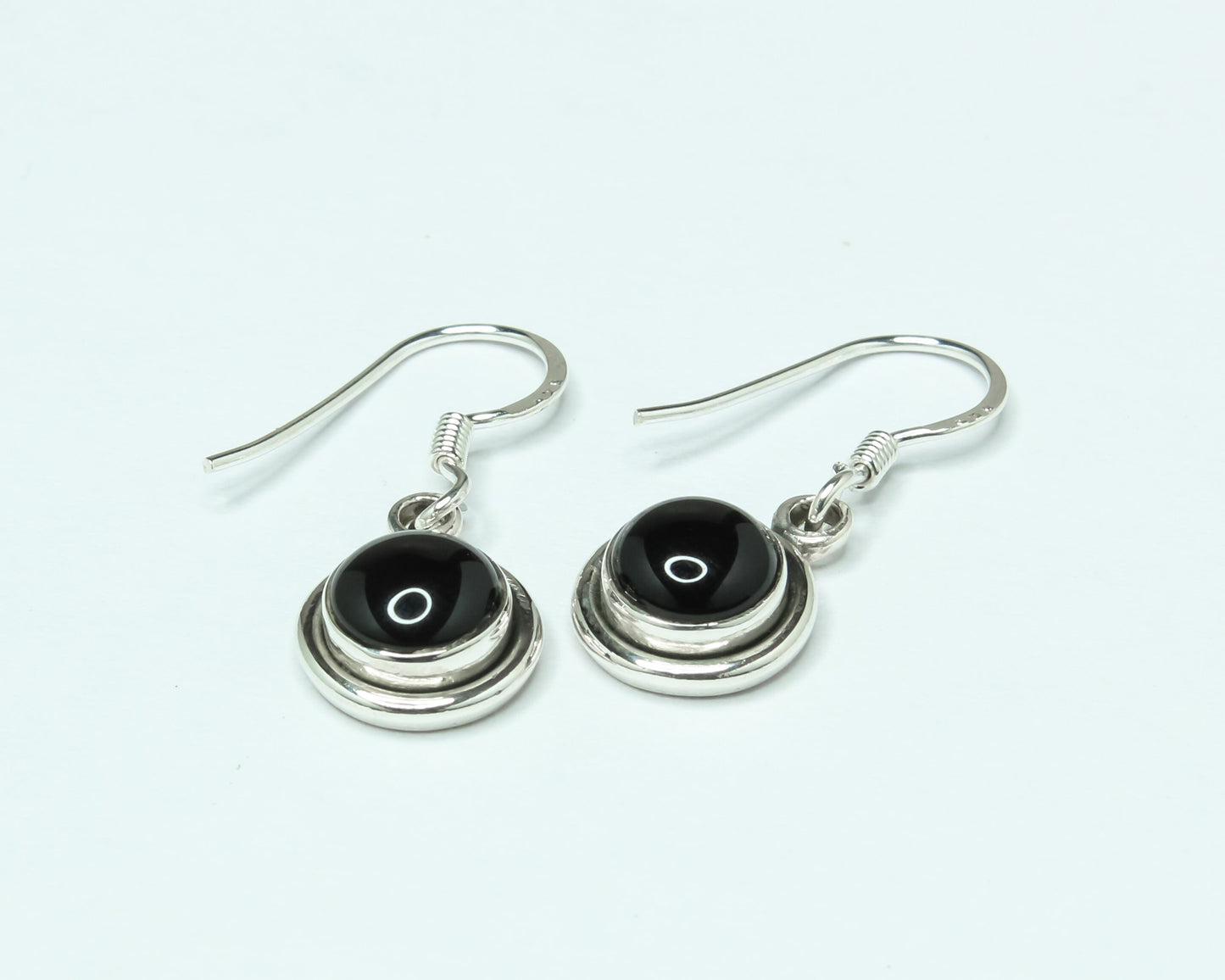 Round Black ONYX Gemstones Solid 925 Sterling Silver Simple Drop Earrings