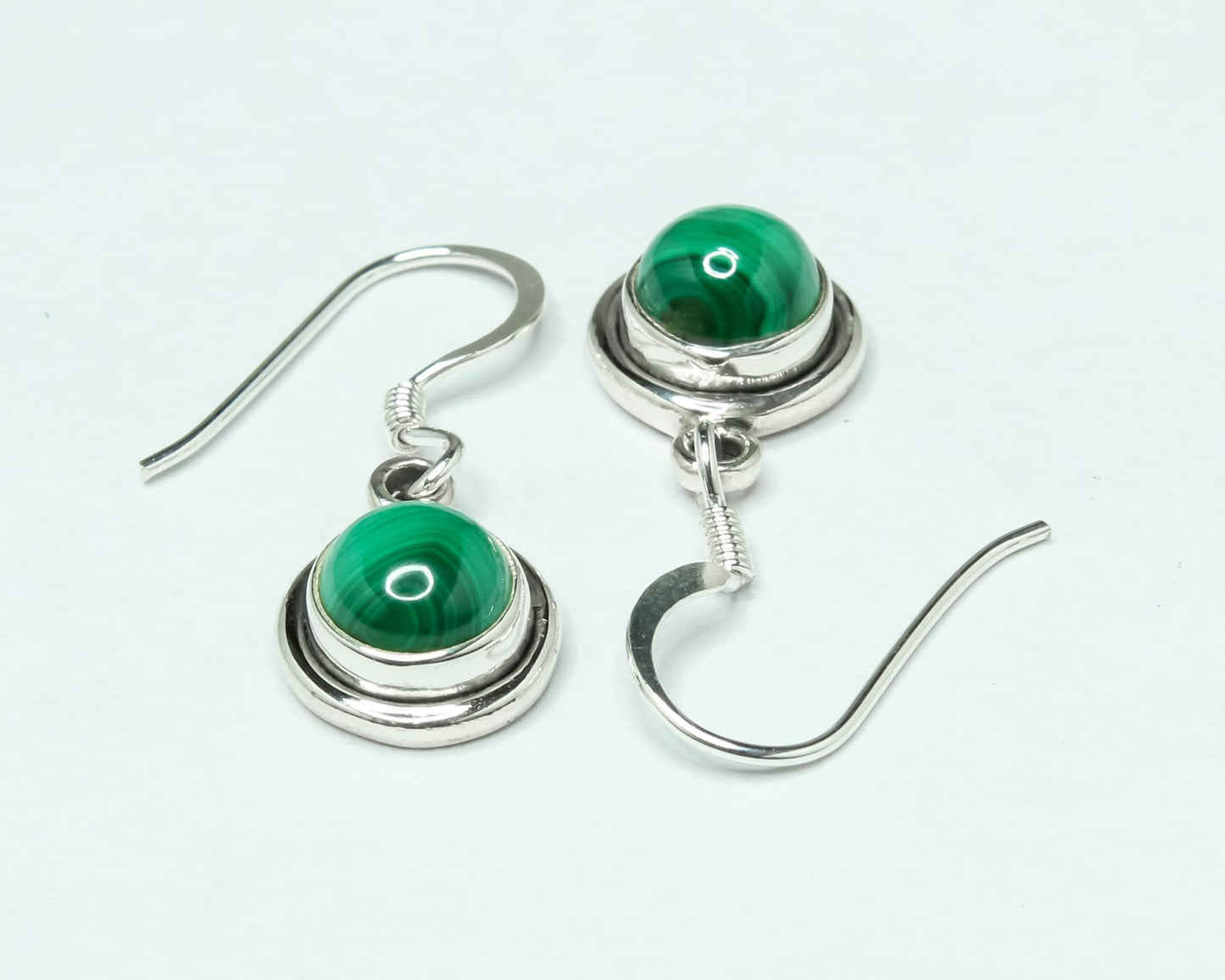Round Green Malachite Textured Gemstone Solid 925 Silver Drop Earrings