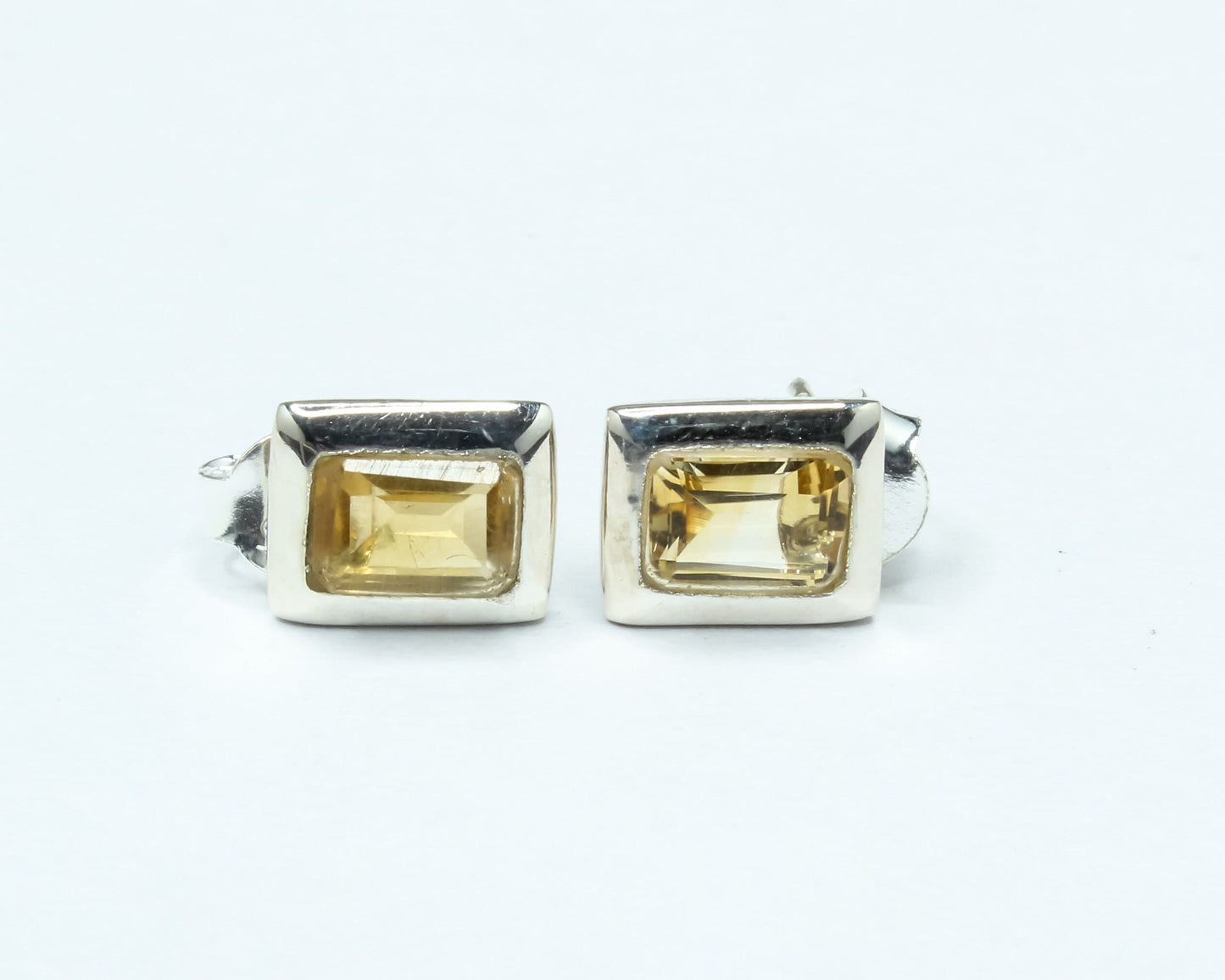 Rectangular Genuine Citrine Minimalistic 925 Silver Solid Stud Earrings