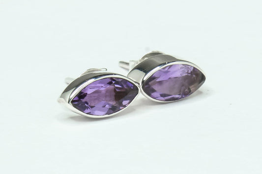 Leaf Shaped AMETHYST Solid 925 Silver Aquarius Zodiac Birthstone Studs