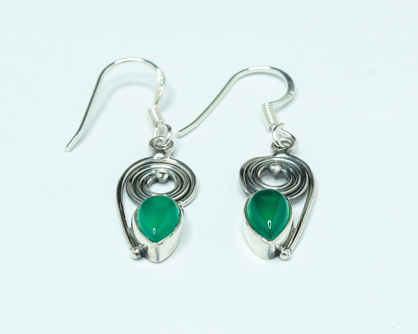 Pear/Teardrop GREEN ONYX Gems Solid 925 SILVER Bohemian Drop Earrings