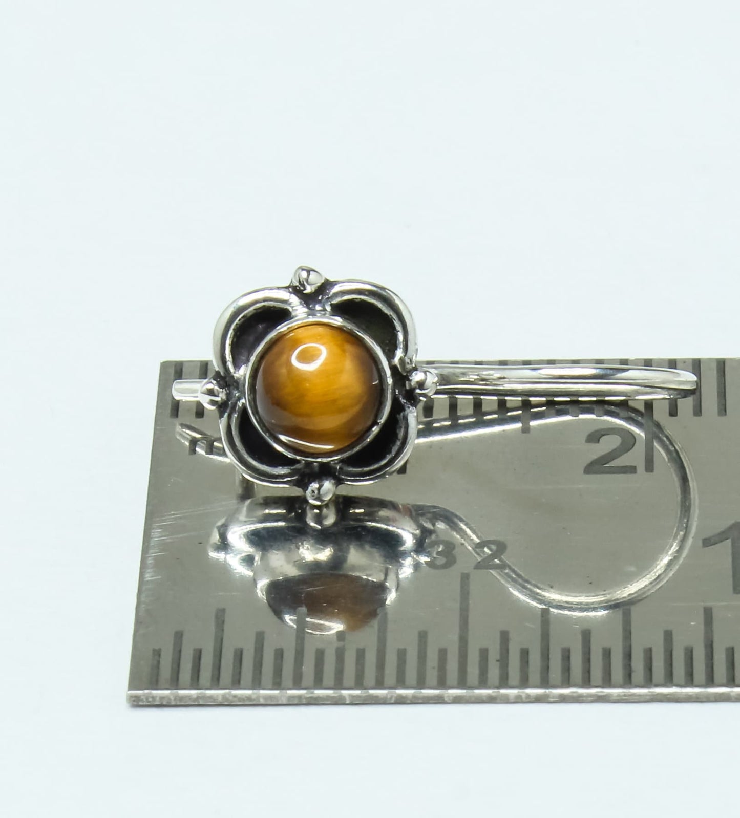Brown Tiger's Eye Gems Oxidized Silver Spring Flower Latch-Back Earrings