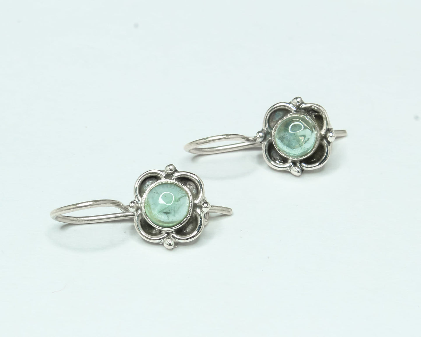 Green APATITE Gems Oxidized Silver Spring Flower Latch-Back Earrings