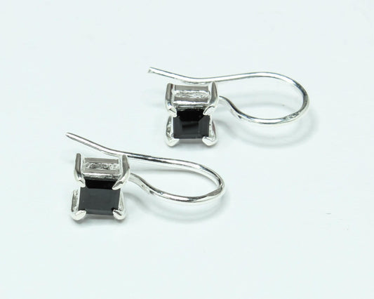Square Black ONYX Gems 925 Silver Simple Prong Set Latch-Back Earrings