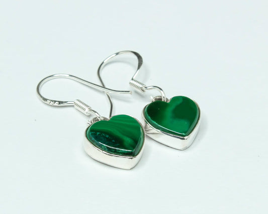 Heart Green Malachite Textured Gemstone Solid 925 Silver Drop Earrings