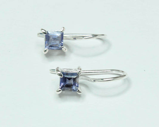 Square Genuine Iolite Gems 925 Silver Simple Prong Set Latch-Back Earrings