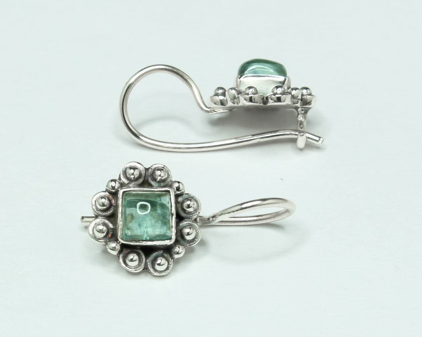 Square Green APATITE Gems Oxidized Silver Boho Round Latch-Back Earrings