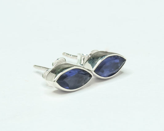 Leaf Shaped Genuine Iolite Gems Solid 925 Oxidized SILVER Stud Earrings