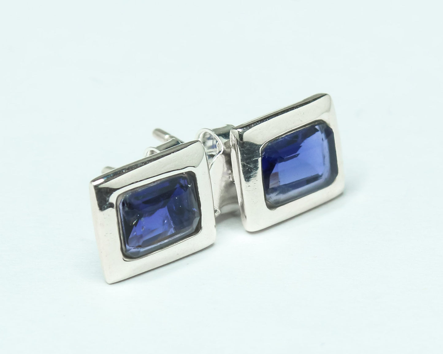 Rectangular Genuine Iolite Gems Solid 925 Sterling SILVER Stud Earrings