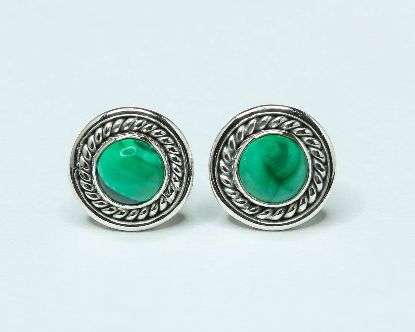 Round Malachite Gemstone Sterling Silver Green Bohemian Studs Earrings