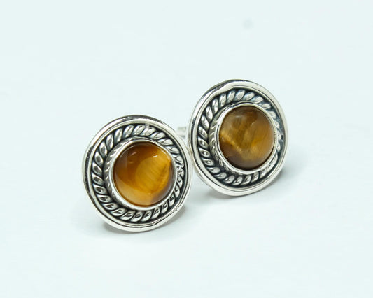 Round Brown Tiger's Eye Gems Sterling Silver Bohemian Stud Earrings
