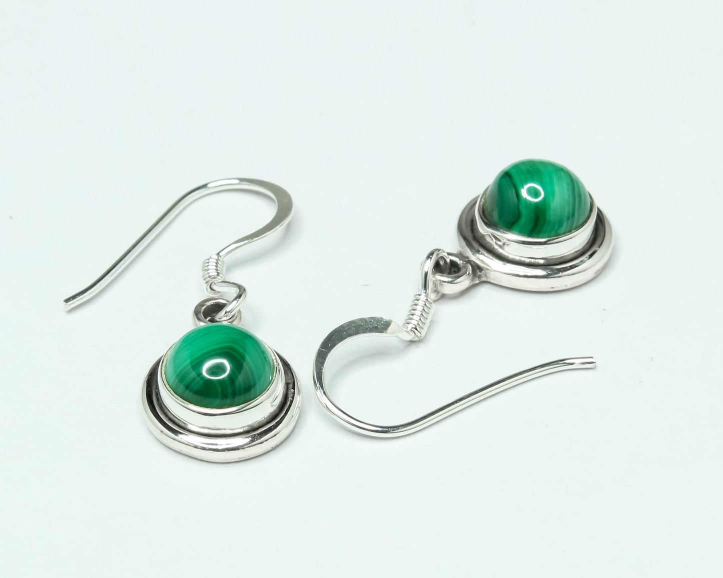 Round Green Malachite Textured Gemstone Solid 925 Silver Drop Earrings