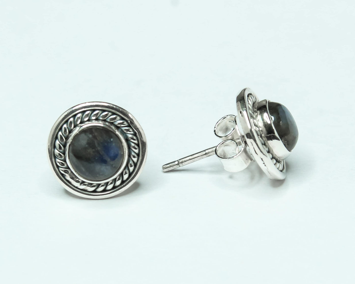 Round LABRADORITE Gems Solid Oxidized Silver Bohemian Stud Earrings