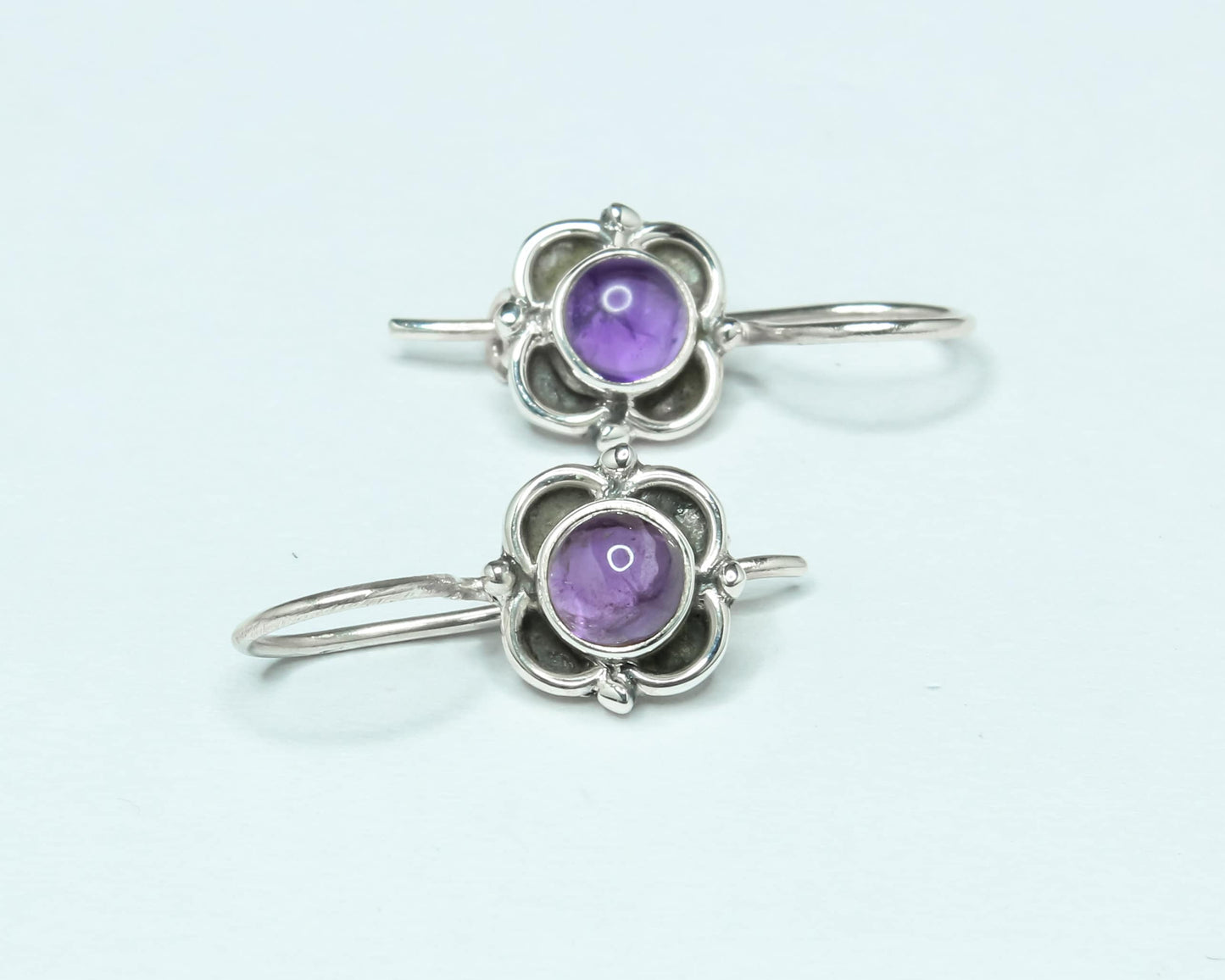 Genuine Purple Amethyst Oxidized Silver Spring Flower Latch-Back Earrings