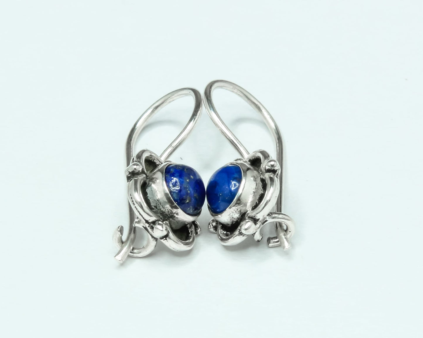 Blue Lapis Gemstone Oxidized Silver Spring Flower Latch-Back Earrings