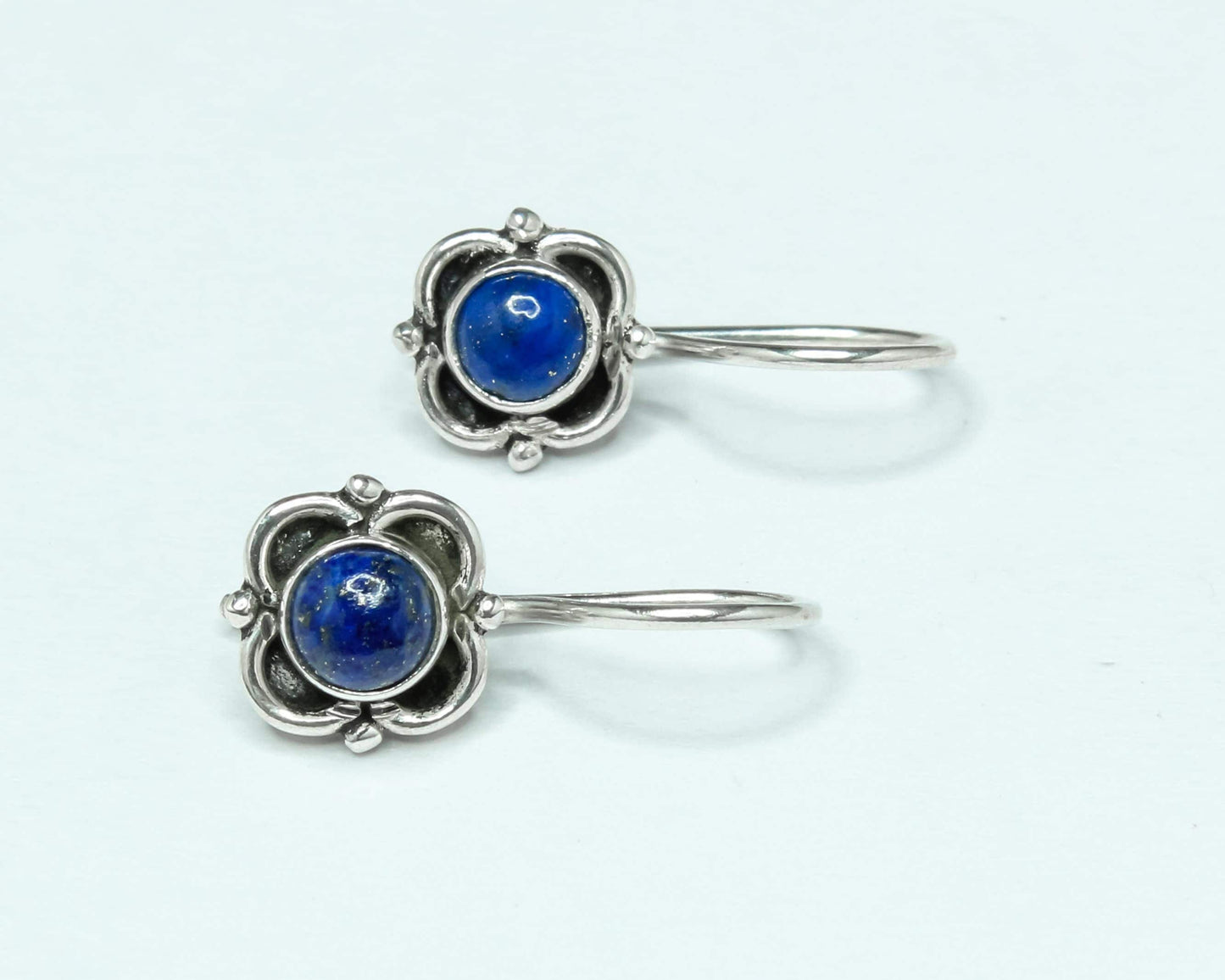Blue Lapis Gemstone Oxidized Silver Spring Flower Latch-Back Earrings