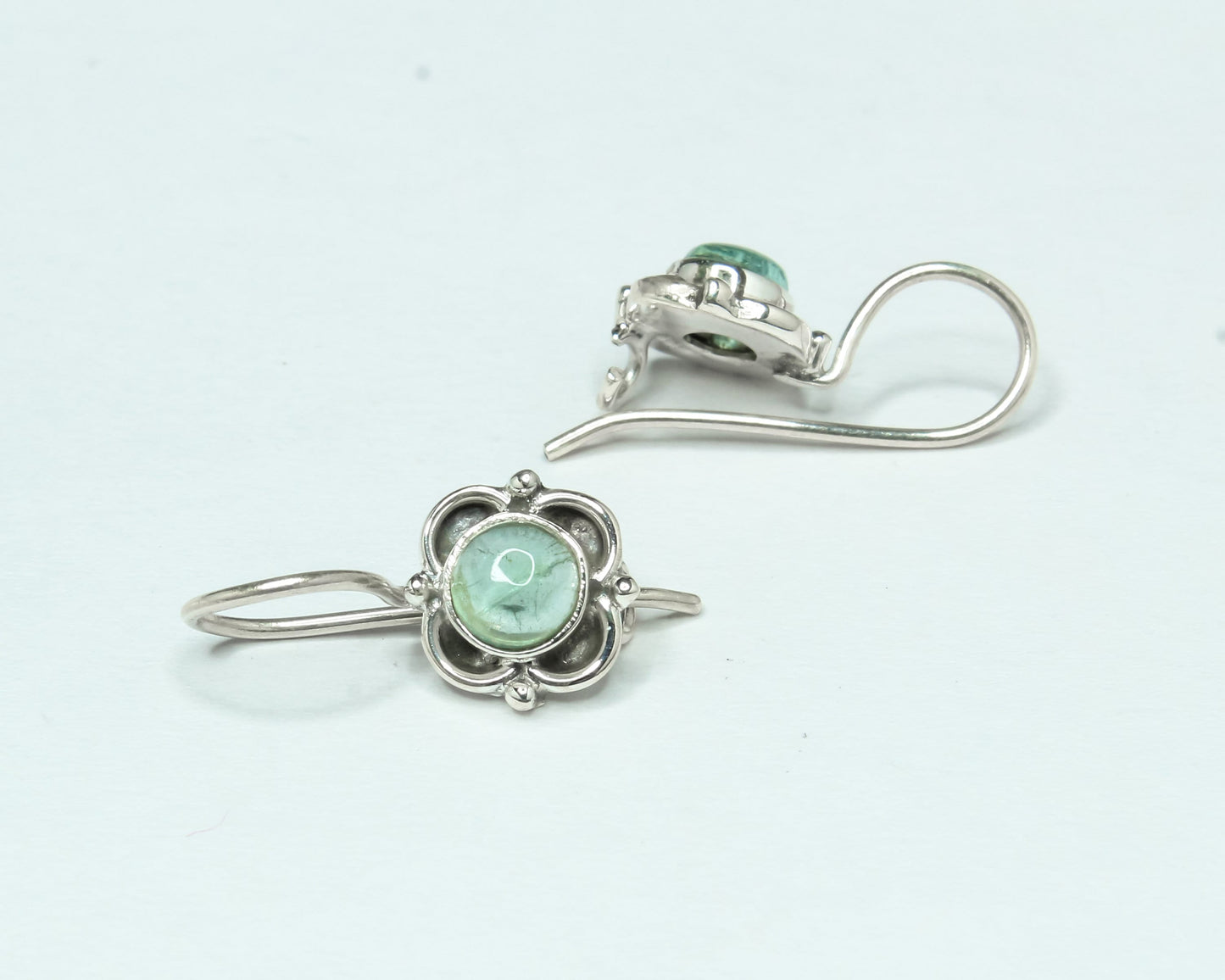 Green APATITE Gems Oxidized Silver Spring Flower Latch-Back Earrings