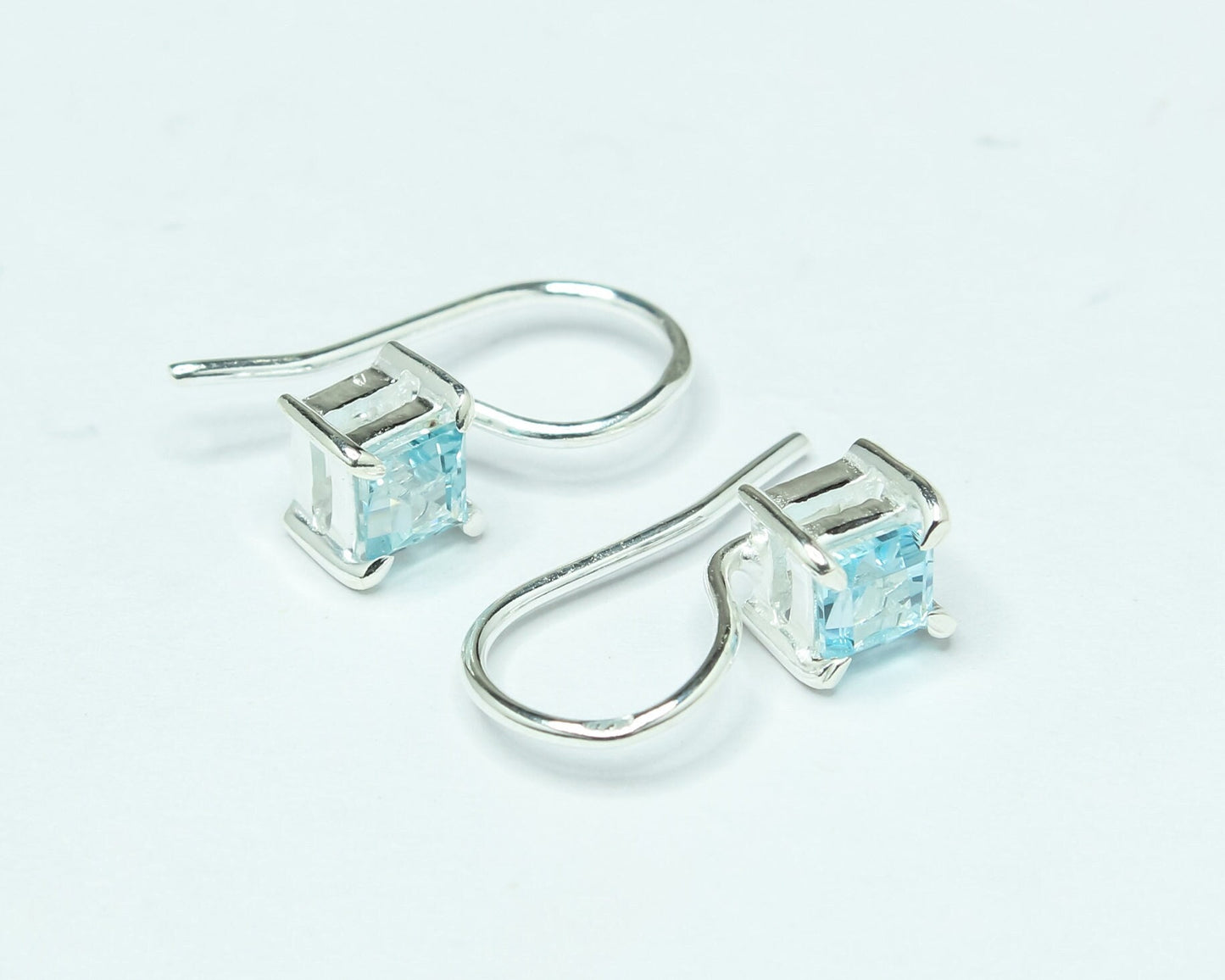 Square Blue TOPAZ Gems 925 Silver Simple Prong Set Latch-Back Earrings