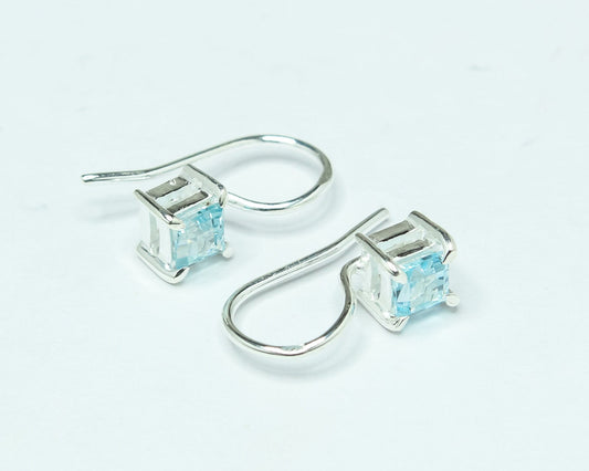 Square Blue TOPAZ Gems 925 Silver Simple Prong Set Latch-Back Earrings