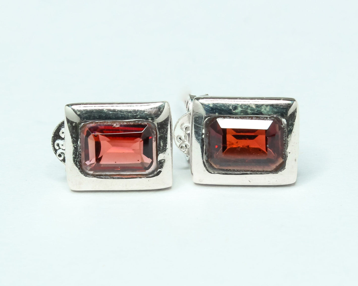 Rectangular Genuine Red GARNET Gemstone 925 Silver Simple Stud Earrings