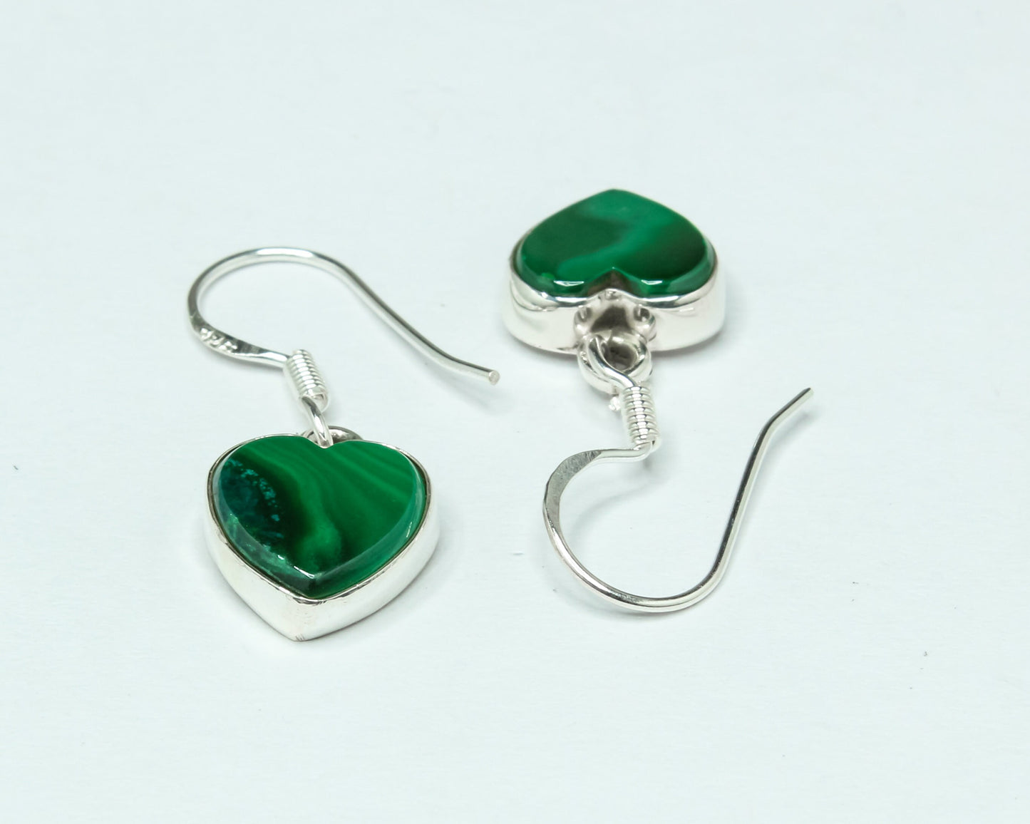 Heart Green Malachite Textured Gemstone Solid 925 Silver Drop Earrings