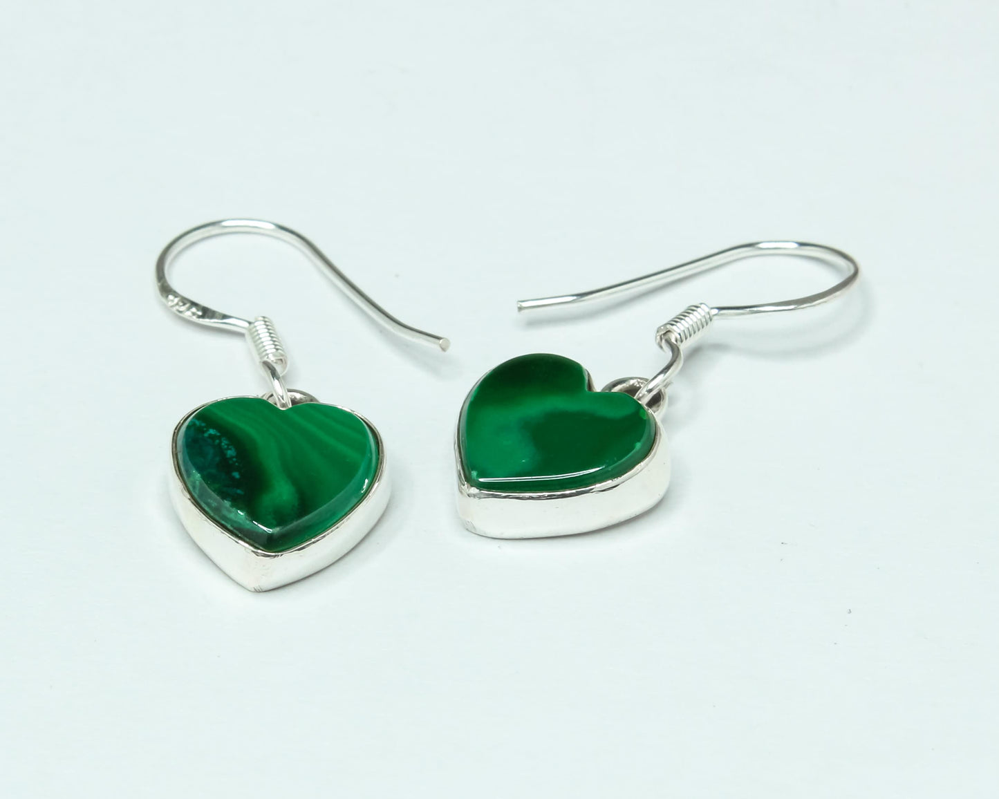 Heart Green Malachite Textured Gemstone Solid 925 Silver Drop Earrings